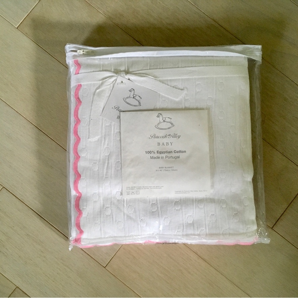 Peacock Alley White Baby Blanket with Pink Scalloped Edge